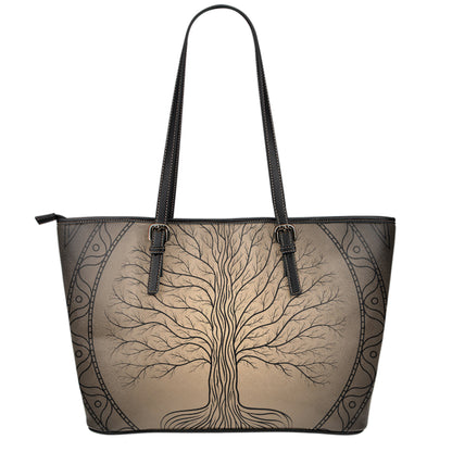 Ancient Yggdrasil Tree Print Leather Tote Bag