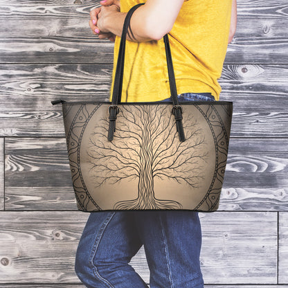 Ancient Yggdrasil Tree Print Leather Tote Bag