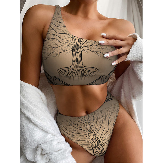 Ancient Yggdrasil Tree Print One Shoulder Bikini Top