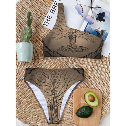Ancient Yggdrasil Tree Print One Shoulder Bikini Top