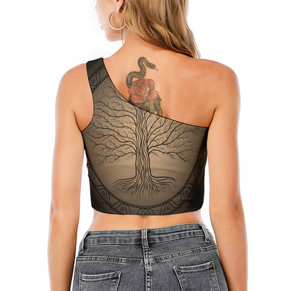 Ancient Yggdrasil Tree Print One Shoulder Crop Top