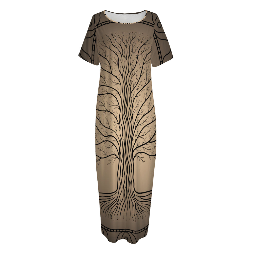Ancient Yggdrasil Tree Print Short Sleeve Long Nightdress