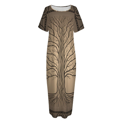 Ancient Yggdrasil Tree Print Short Sleeve Long Nightdress