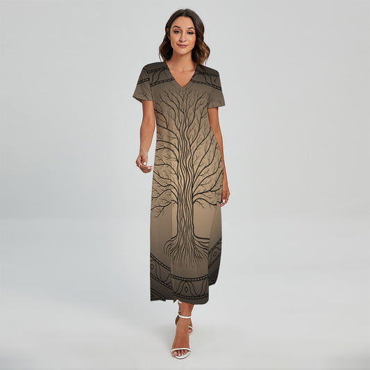 Ancient Yggdrasil Tree Print Short Sleeve Maxi Dress