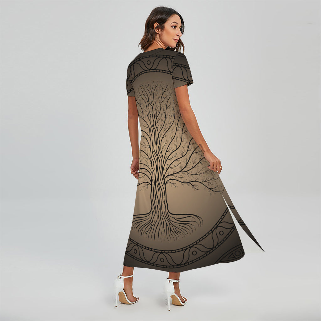 Ancient Yggdrasil Tree Print Short Sleeve Maxi Dress