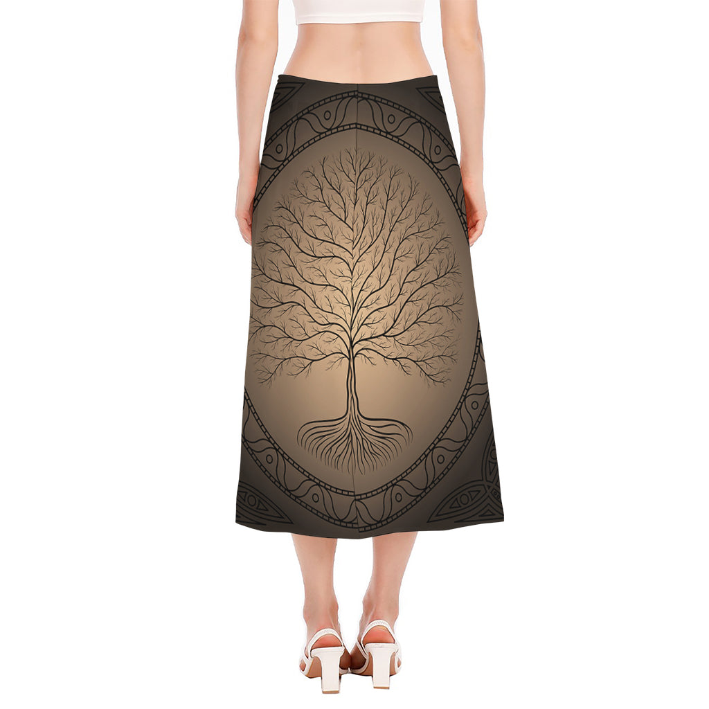 Ancient Yggdrasil Tree Print Side Slit Midi Skirt