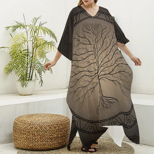 Ancient Yggdrasil Tree Print Silk V-Neck Kaftan Dress