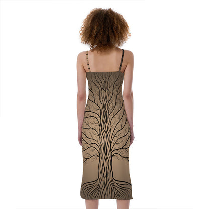 Ancient Yggdrasil Tree Print Slim Fit Midi Cami Dress