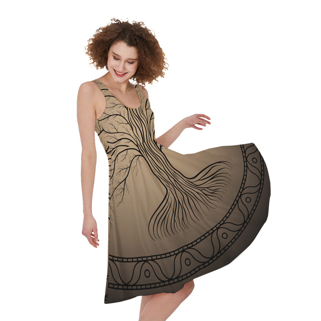 Ancient Yggdrasil Tree Print Women's Sleeveless Dress