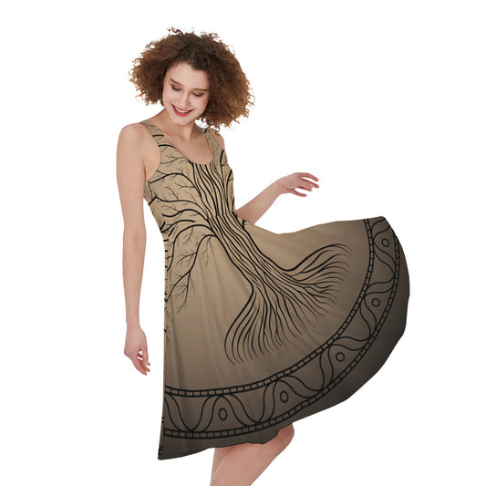 Ancient Yggdrasil Tree Print Women's Sleeveless Dress