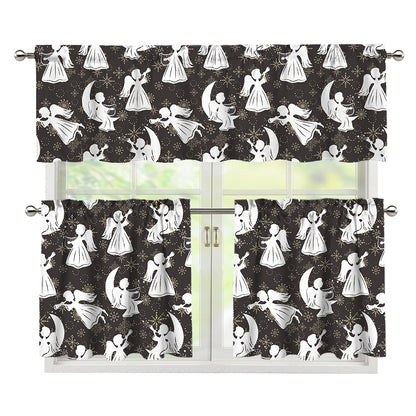 Angel And Snowflake Pattern Print 3 Piece Kitchen Curtains