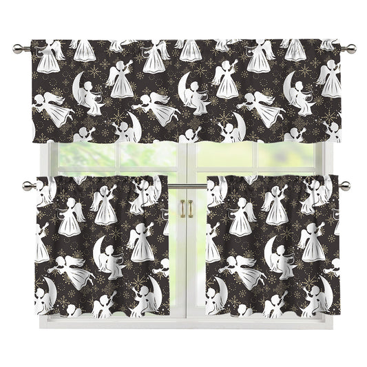 Angel And Snowflake Pattern Print 3 Piece Kitchen Curtains