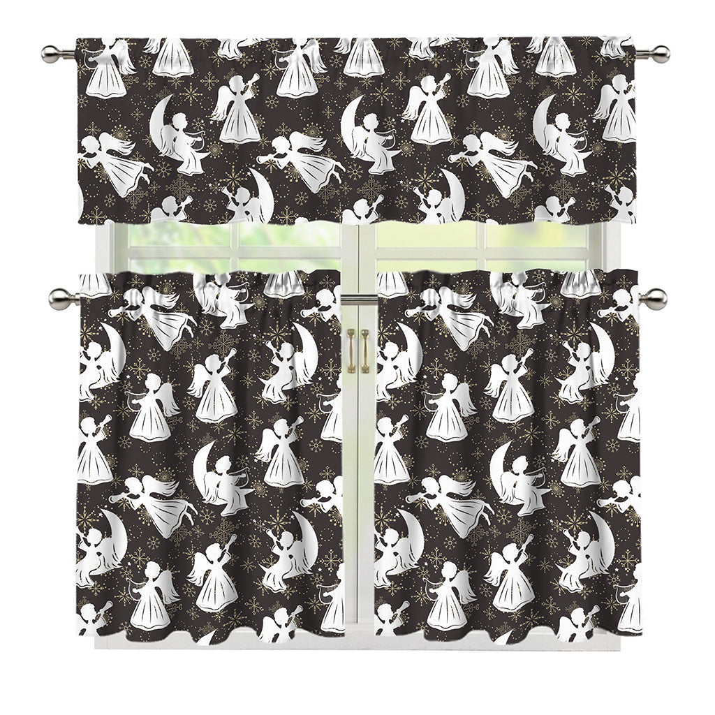 Angel And Snowflake Pattern Print 3 Piece Kitchen Curtains