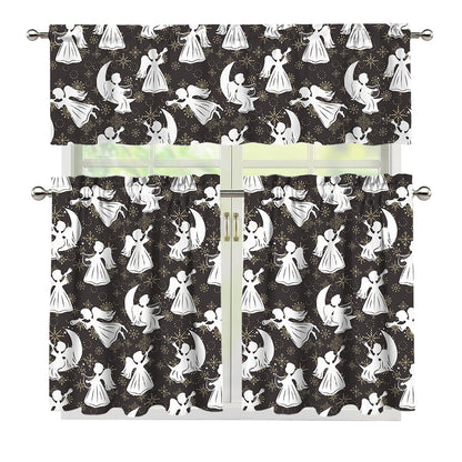 Angel And Snowflake Pattern Print 3 Piece Kitchen Curtains
