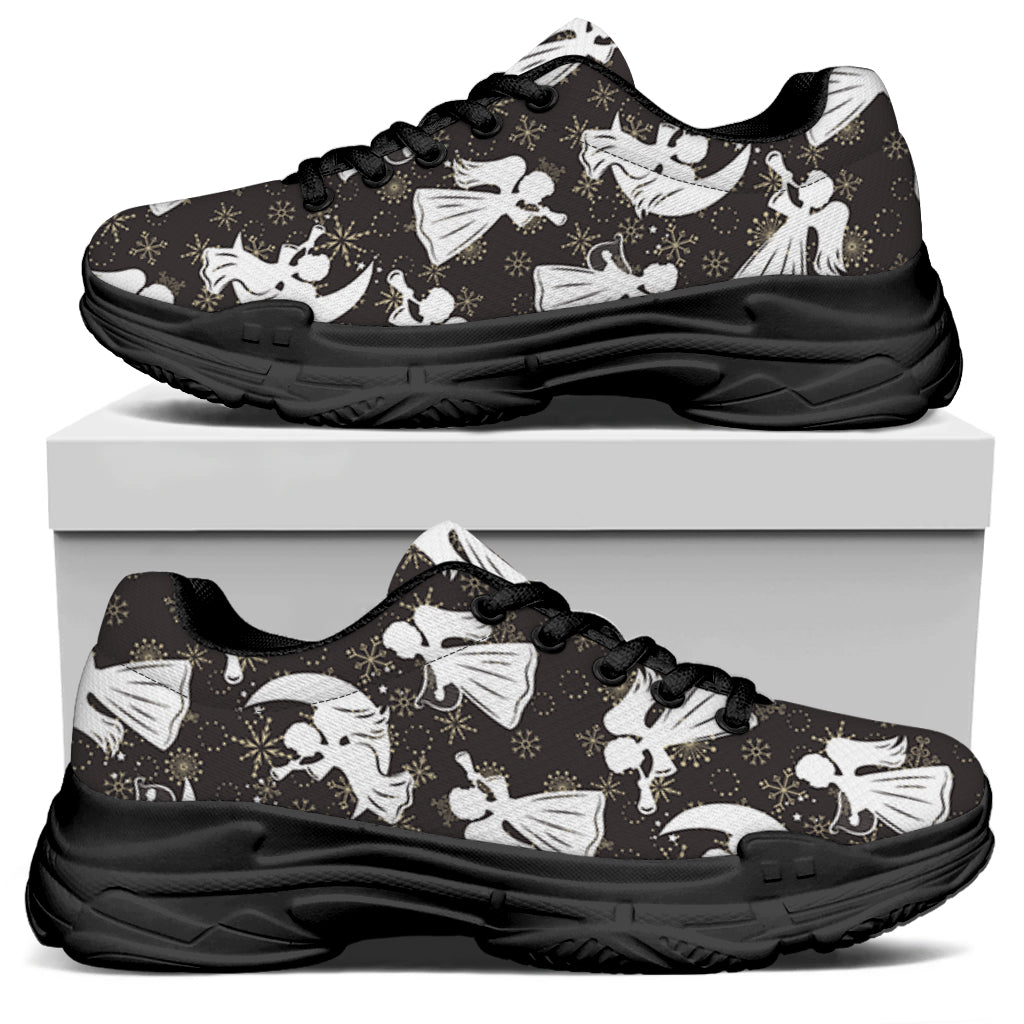 Angel And Snowflake Pattern Print Black Chunky Shoes