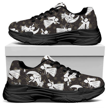 Angel And Snowflake Pattern Print Black Chunky Shoes