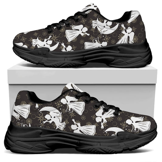 Angel And Snowflake Pattern Print Black Chunky Shoes