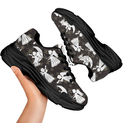 Angel And Snowflake Pattern Print Black Chunky Shoes