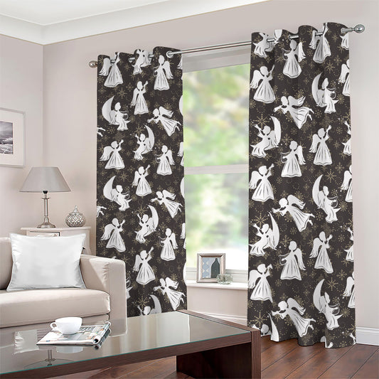Angel And Snowflake Pattern Print Blackout Grommet Curtains