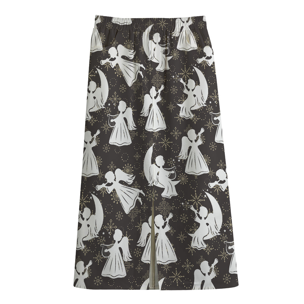 Angel And Snowflake Pattern Print Cotton Front Slit Maxi Skirt