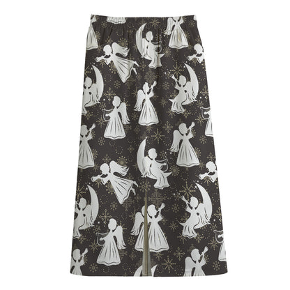 Angel And Snowflake Pattern Print Cotton Front Slit Maxi Skirt
