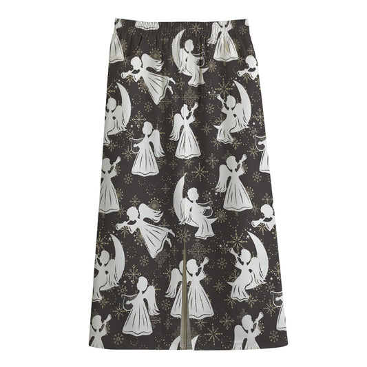Angel And Snowflake Pattern Print Cotton Front Slit Maxi Skirt