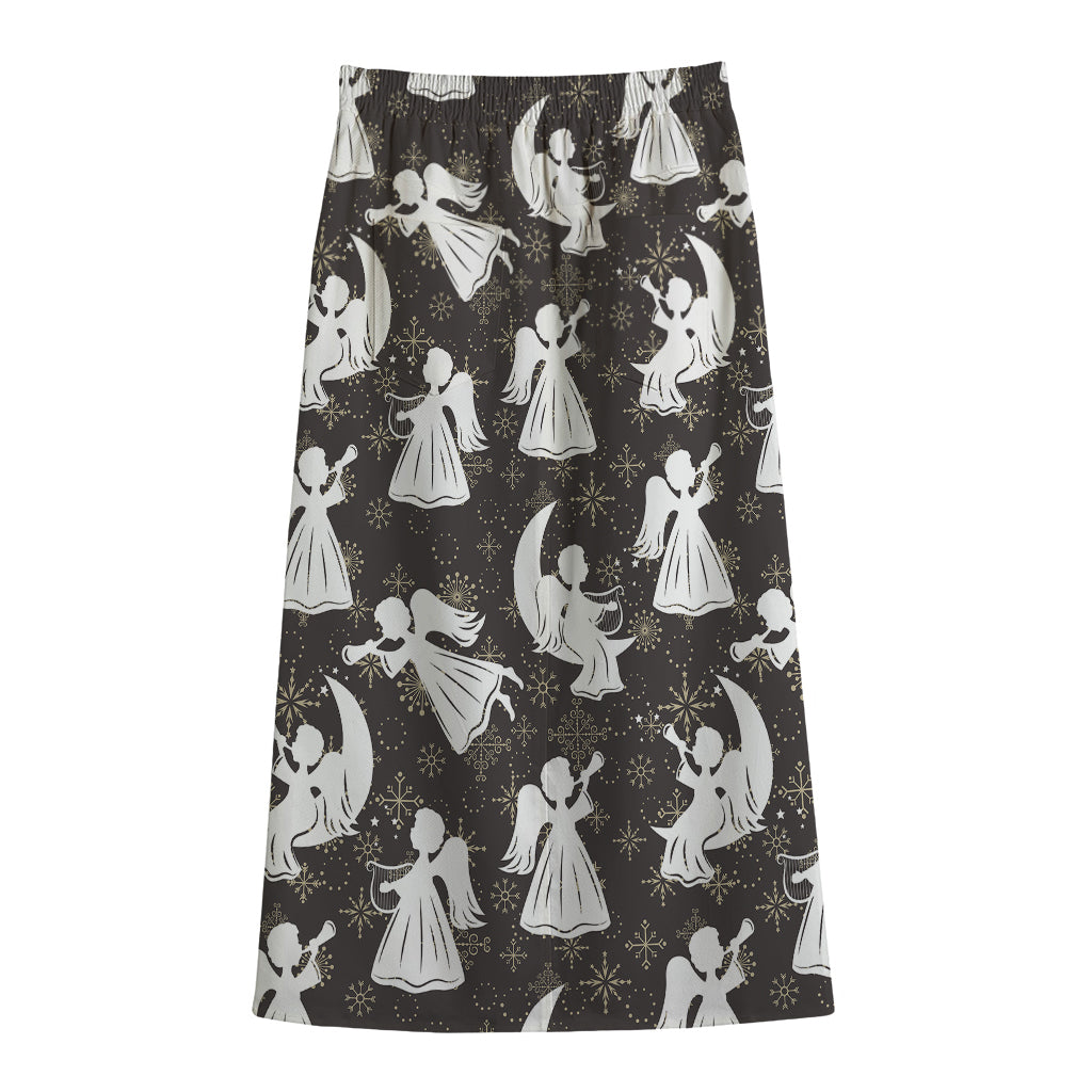 Angel And Snowflake Pattern Print Cotton Front Slit Maxi Skirt