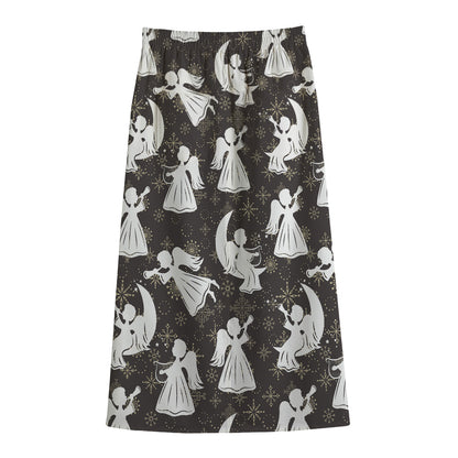 Angel And Snowflake Pattern Print Cotton Front Slit Maxi Skirt