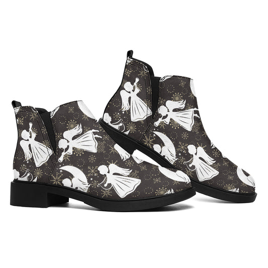 Angel And Snowflake Pattern Print Flat Ankle Boots