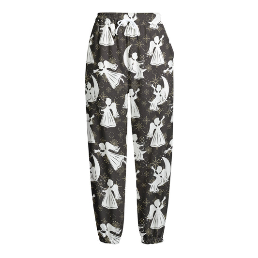 Angel And Snowflake Pattern Print Fleece Lined Knit Pants
