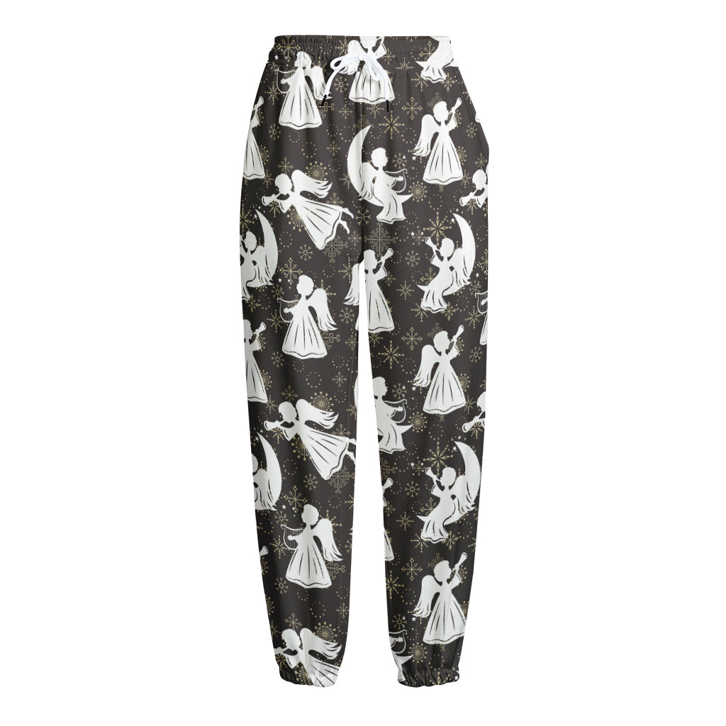 Angel And Snowflake Pattern Print Fleece Lined Knit Pants