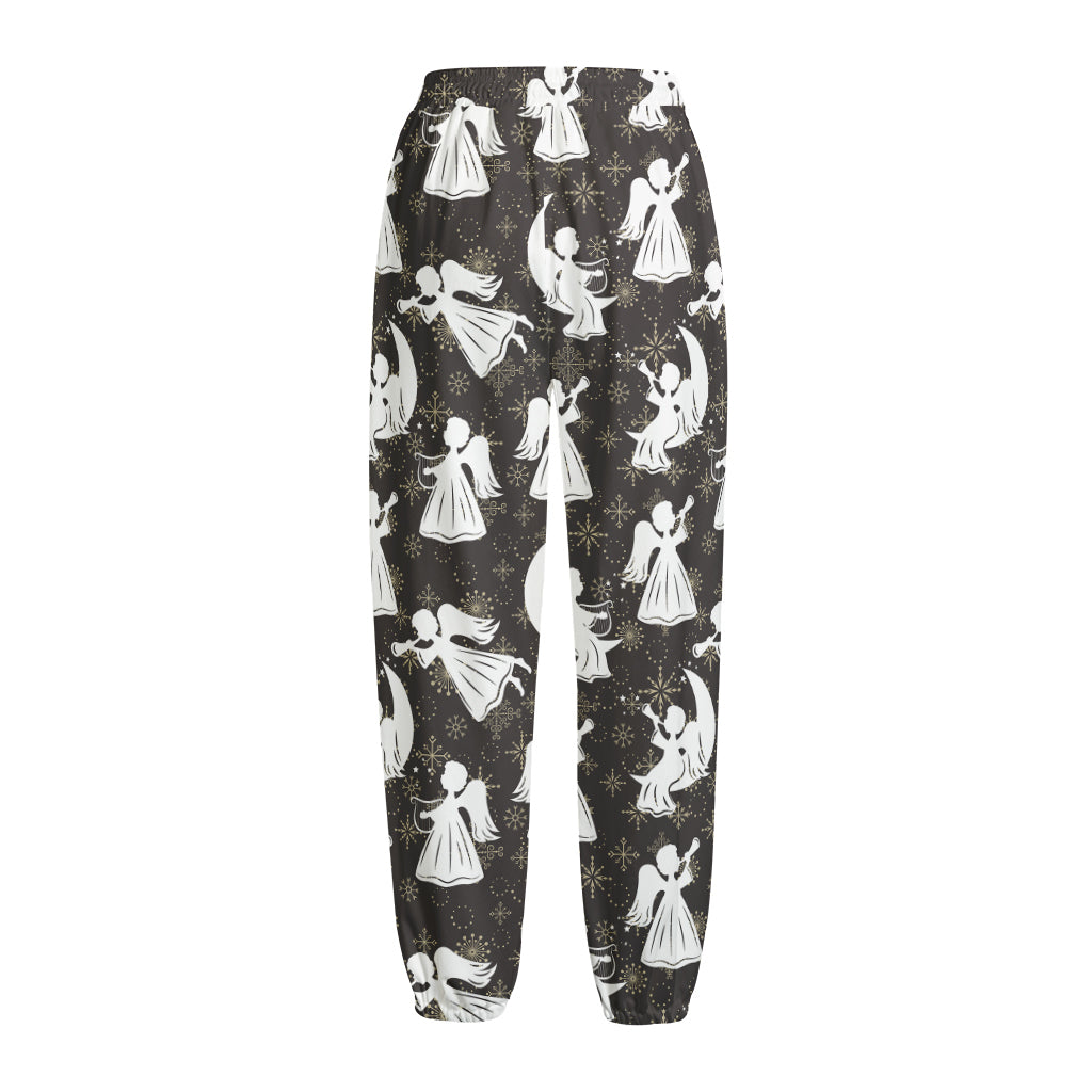 Angel And Snowflake Pattern Print Fleece Lined Knit Pants