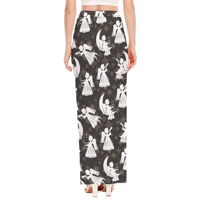 Angel And Snowflake Pattern Print High Slit Maxi Skirt