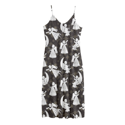 Angel And Snowflake Pattern Print Jersey Midi Cami Dress