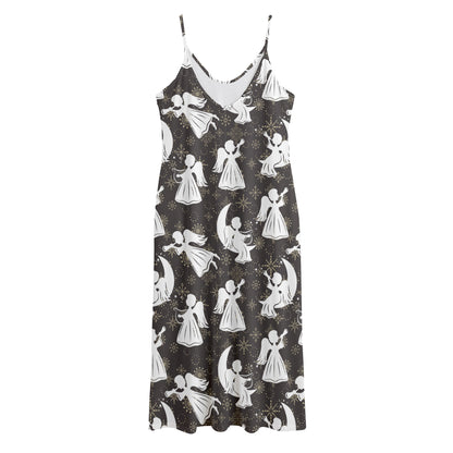 Angel And Snowflake Pattern Print Jersey Midi Cami Dress