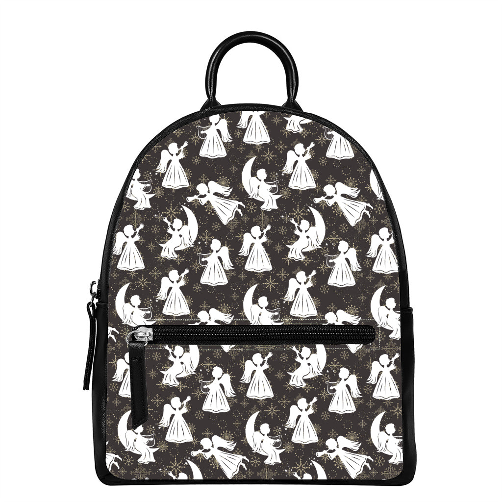 Angel And Snowflake Pattern Print Leather Backpack