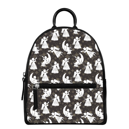Angel And Snowflake Pattern Print Leather Backpack