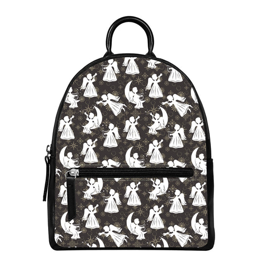 Angel And Snowflake Pattern Print Leather Backpack