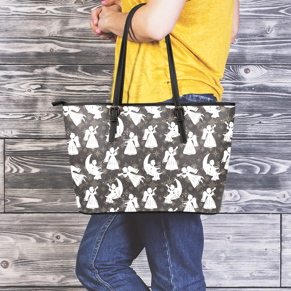 Angel And Snowflake Pattern Print Leather Tote Bag