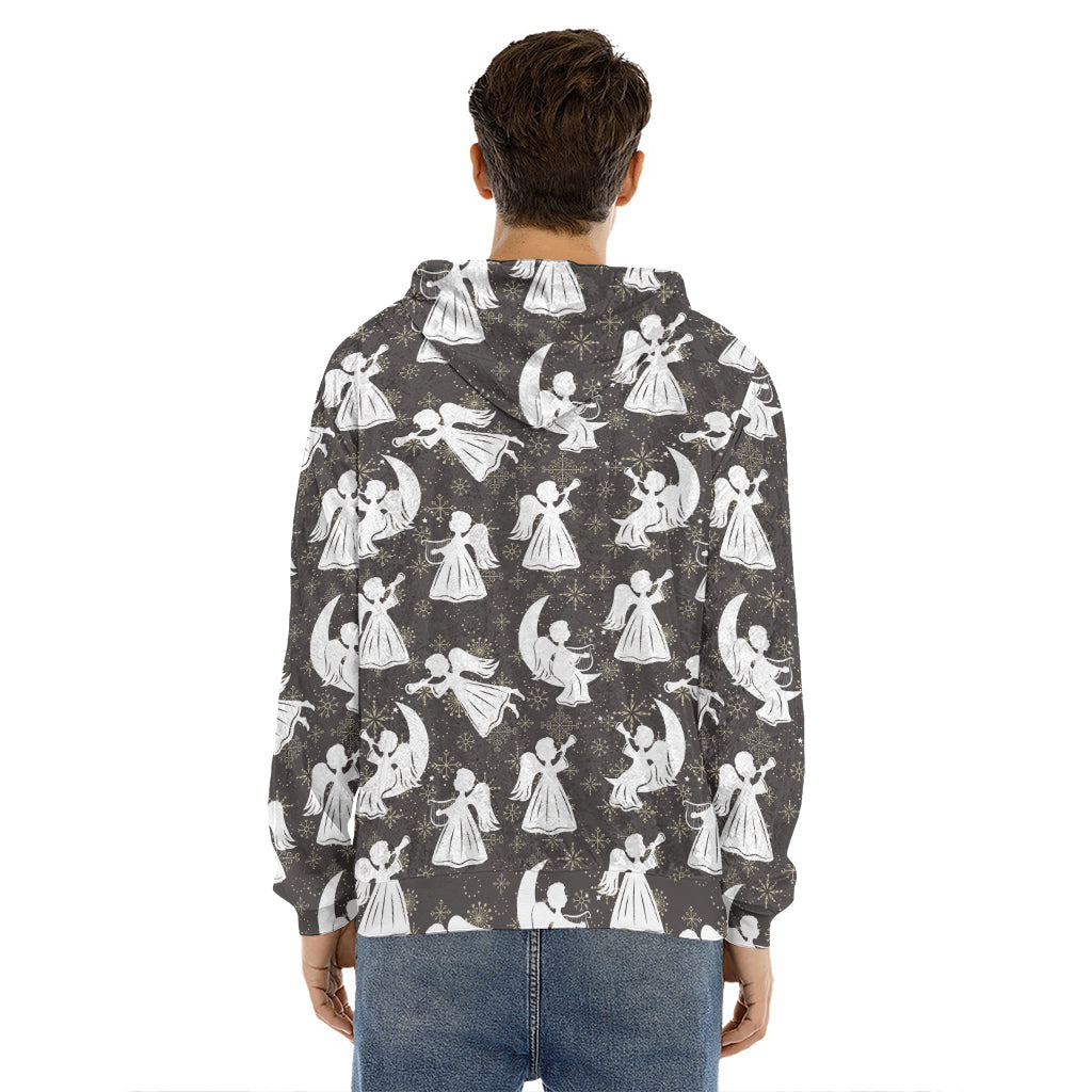 Angel And Snowflake Pattern Print Men's Velvet Pullover Hoodie
