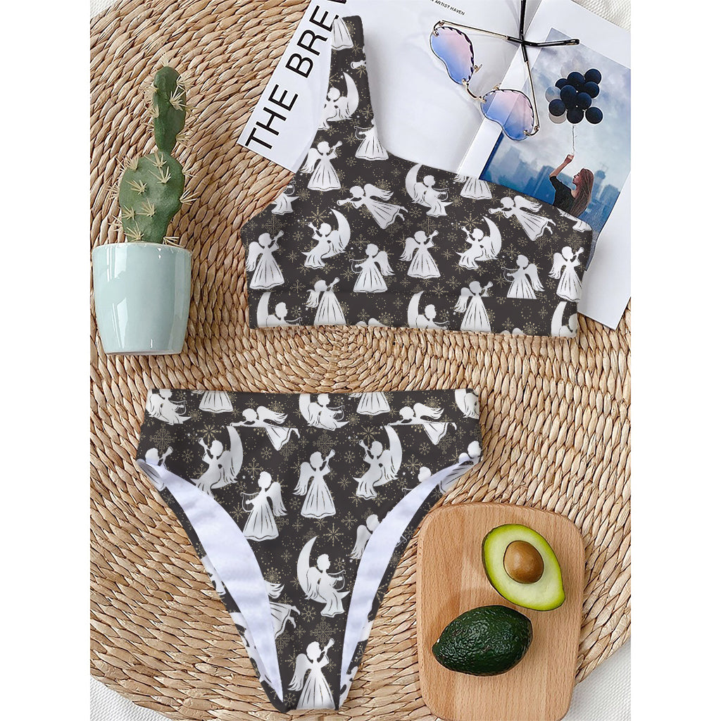 Angel And Snowflake Pattern Print One Shoulder Bikini Top