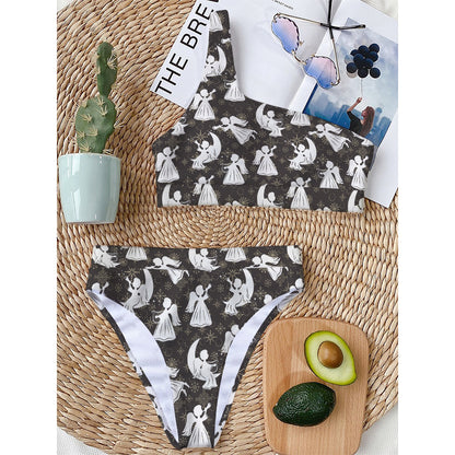 Angel And Snowflake Pattern Print One Shoulder Bikini Top