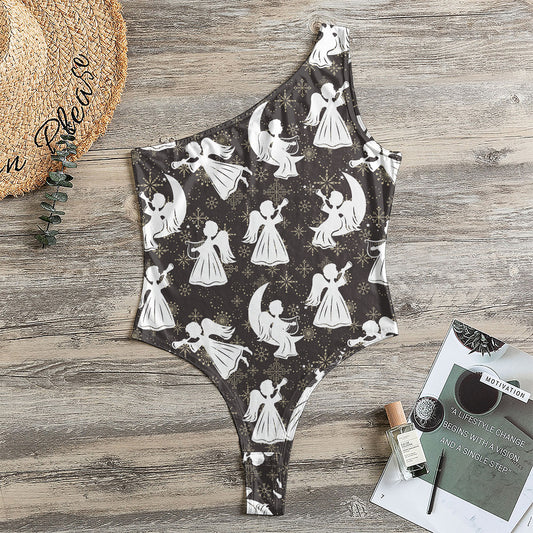 Angel And Snowflake Pattern Print One Shoulder Bodysuit