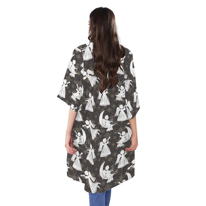 Angel And Snowflake Pattern Print Open Front Beach Cover Up