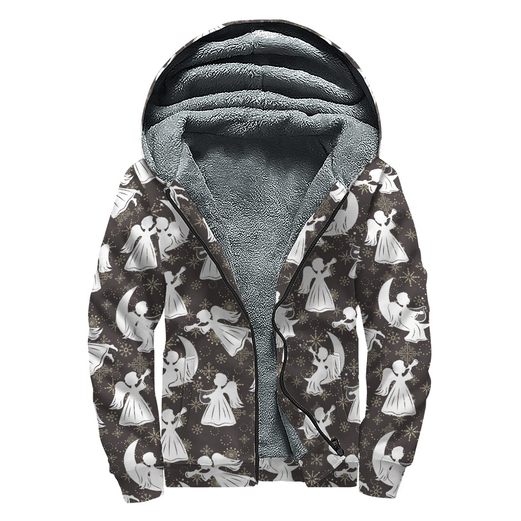 Angel And Snowflake Pattern Print Sherpa Lined Zip Up Hoodie