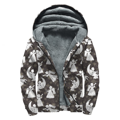 Angel And Snowflake Pattern Print Sherpa Lined Zip Up Hoodie