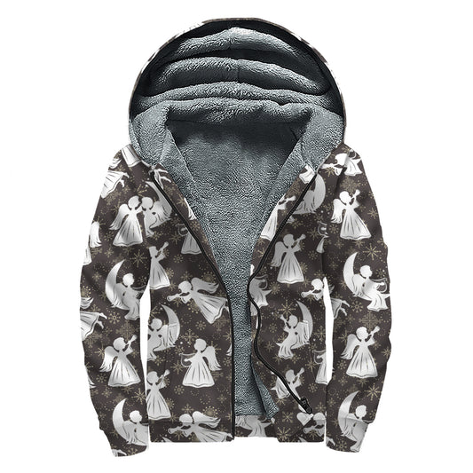Angel And Snowflake Pattern Print Sherpa Lined Zip Up Hoodie