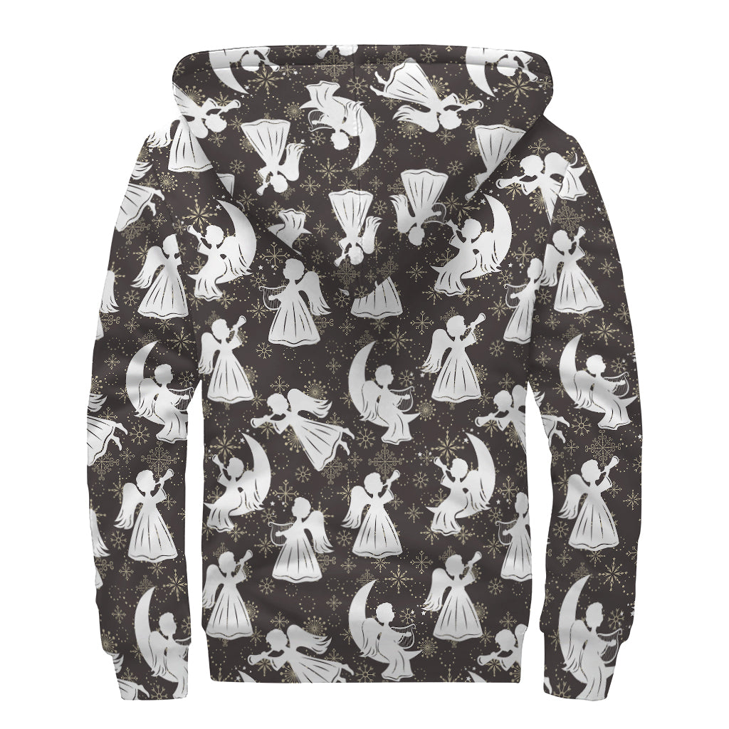 Angel And Snowflake Pattern Print Sherpa Lined Zip Up Hoodie