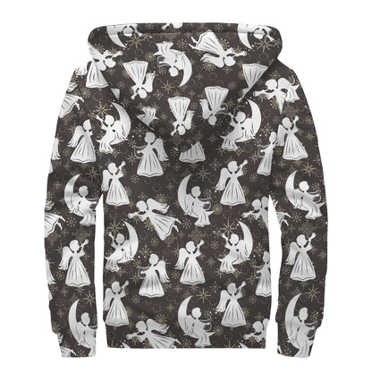 Angel And Snowflake Pattern Print Sherpa Lined Zip Up Hoodie