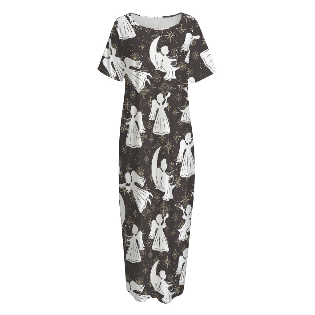 Angel And Snowflake Pattern Print Short Sleeve Long Nightdress